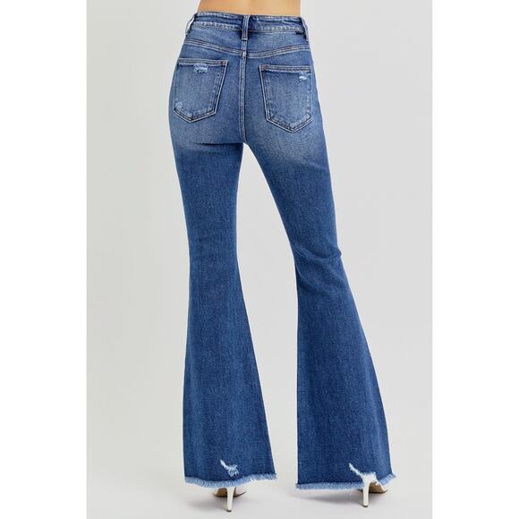 RISEN High Rise Distressed Raw Hem Flare Jeans - RDP5678 - Size 7/28 - Picture 2 of 6